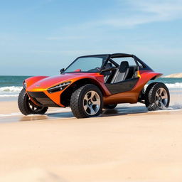 An amphibious vehicle designed with no doors and retractable wheels, seamlessly blending features of the Schwimmwagen and the Manx Dune Buggy