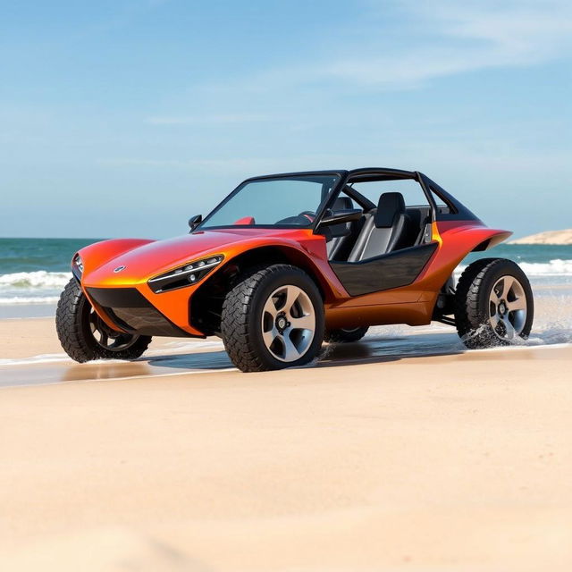 An amphibious vehicle designed with no doors and retractable wheels, seamlessly blending features of the Schwimmwagen and the Manx Dune Buggy