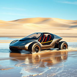An amphibious vehicle designed with no doors and retractable wheels, seamlessly blending features of the Schwimmwagen and the Manx Dune Buggy