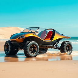 An amphibious vehicle designed with no doors and retractable wheels, seamlessly blending features of the Schwimmwagen and the Manx Dune Buggy