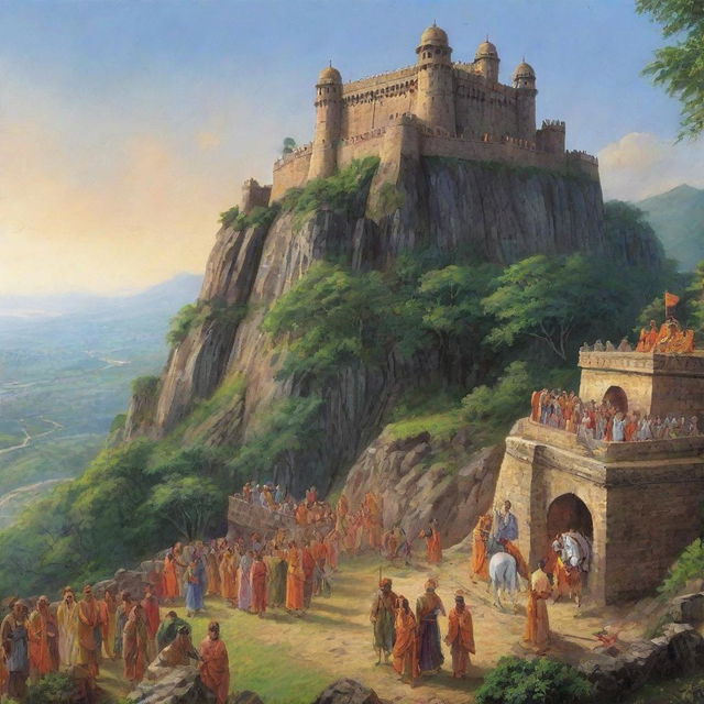 A historical scene depicting the birth of Shivaji Maharaj within the majestic Shivneri Fort