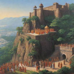 A historical scene depicting the birth of Shivaji Maharaj within the majestic Shivneri Fort