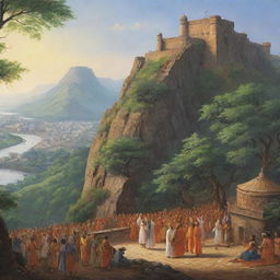 A historical scene depicting the birth of Shivaji Maharaj within the majestic Shivneri Fort