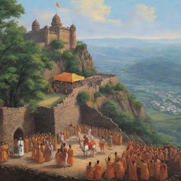 A historical scene depicting the birth of Shivaji Maharaj within the majestic Shivneri Fort