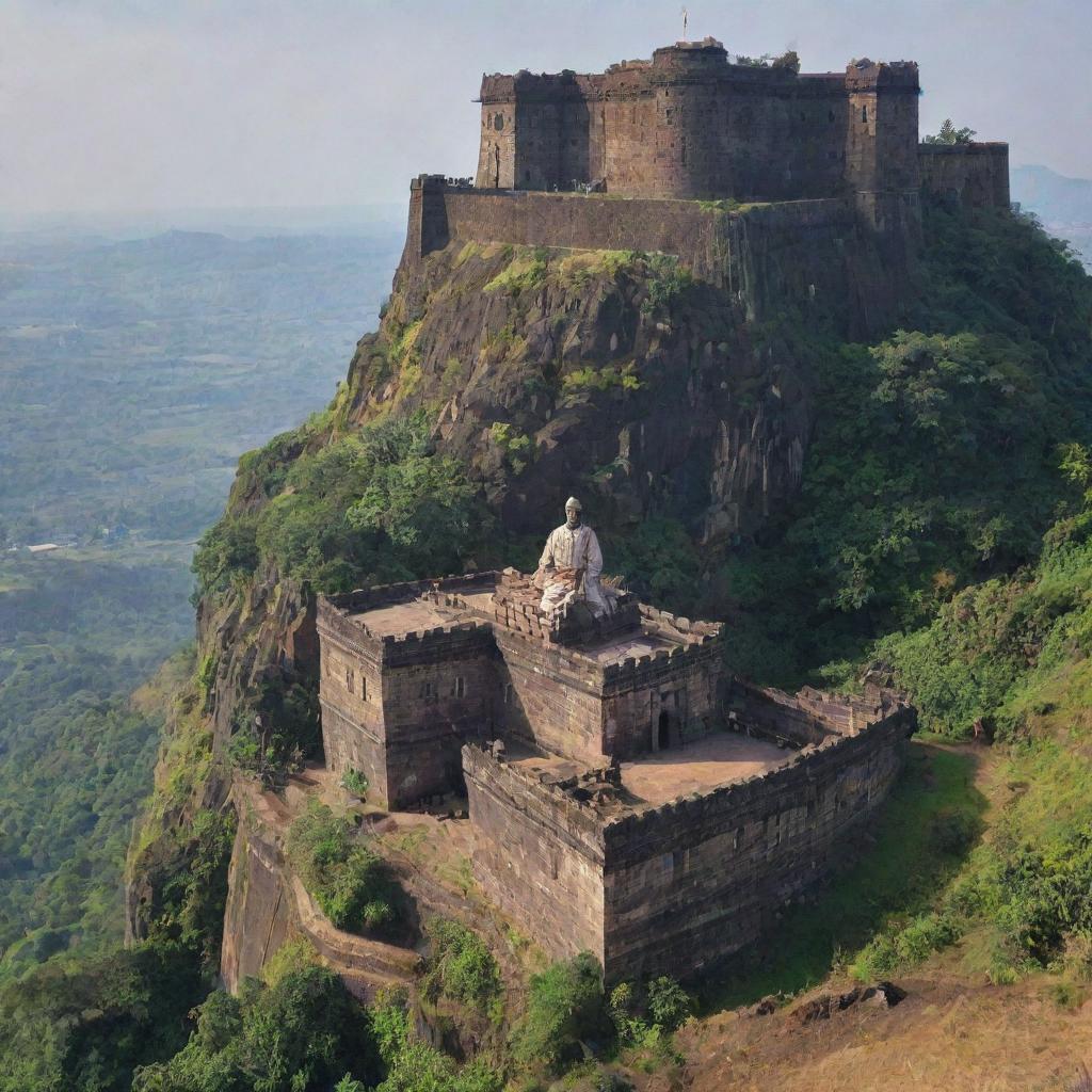 A grand view of the imposing Rayagad Fort, with historical figure Shivaji Maharaj sitting on his royal throne (singhasan), adorned in traditional Marathi attire