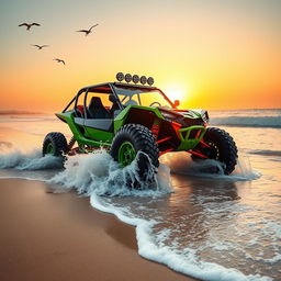 An amphibious dune buggy traversing a sandy desert terrain, splashing through crystal clear water as it transitions from land to sea