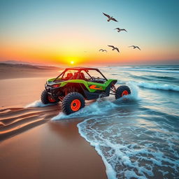 An amphibious dune buggy traversing a sandy desert terrain, splashing through crystal clear water as it transitions from land to sea
