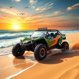 An amphibious dune buggy traversing a sandy desert terrain, splashing through crystal clear water as it transitions from land to sea