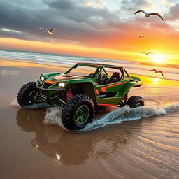 An amphibious dune buggy traversing a sandy desert terrain, splashing through crystal clear water as it transitions from land to sea