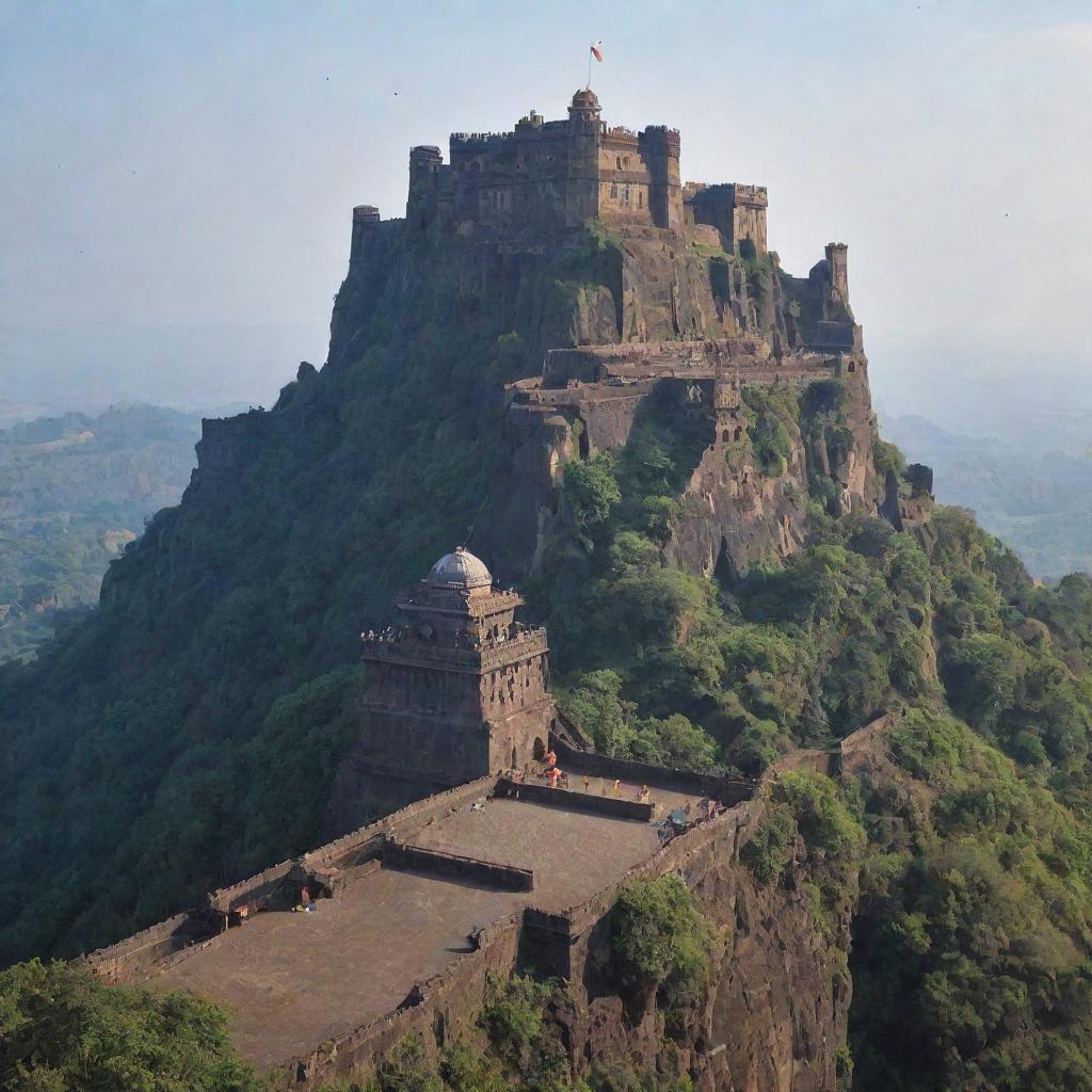 A grand view of the imposing Rayagad Fort, with historical figure Shivaji Maharaj sitting on his royal throne (singhasan), adorned in traditional Marathi attire