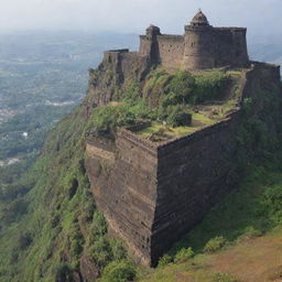 A grand view of the imposing Rayagad Fort, with historical figure Shivaji Maharaj sitting on his royal throne (singhasan), adorned in traditional Marathi attire