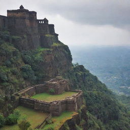 A grand view of the imposing Rayagad Fort, with historical figure Shivaji Maharaj sitting on his royal throne (singhasan), adorned in traditional Marathi attire