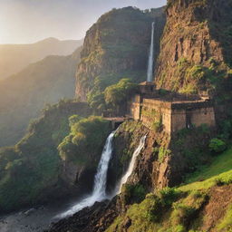 A majestic fort in Maharashtra, India, nestled against a stunning mountain backdrop