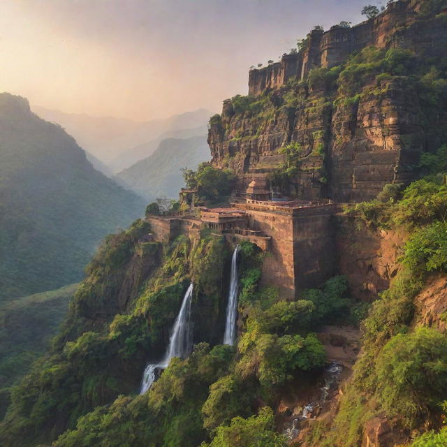 A majestic fort in Maharashtra, India, nestled against a stunning mountain backdrop