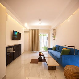 1500 sq feet 3bhk apartment with a small balcony, featuring a living room with L-shaped blue sofa, hanging swing, and a TV cabinet, alongside a modular kitchen equipped with a breakfast table, stove, multipurpose sink, chimney, several cabinets, drawers, and a service platform.