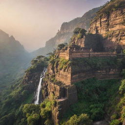 A majestic fort in Maharashtra, India, nestled against a stunning mountain backdrop