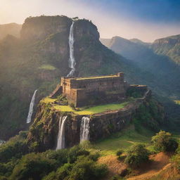 A majestic fort in Maharashtra, India, nestled against a stunning mountain backdrop