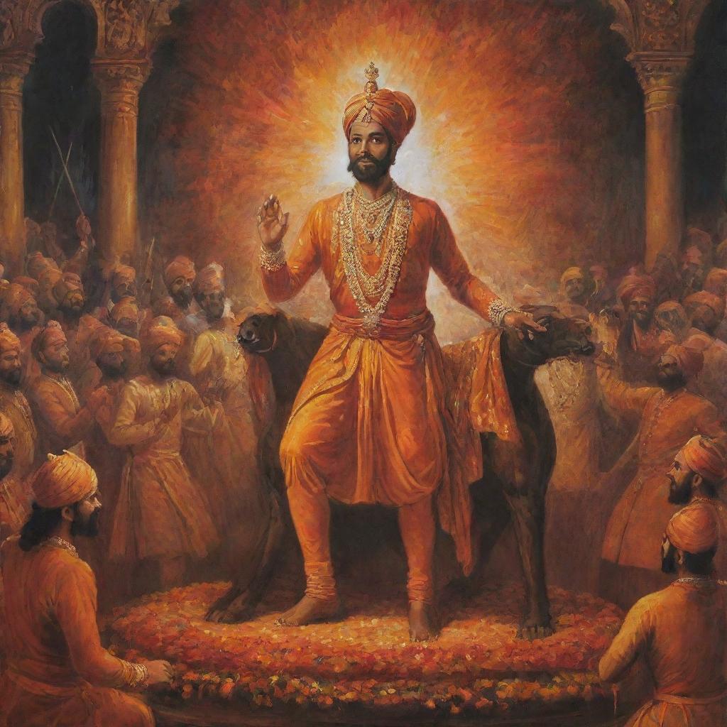 An epic painting of Chhatrapati Shivaji Maharaj, the celebrated Maratha king, celebrating his birthday amidst festivities and elaborate court ceremonies