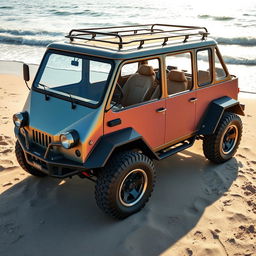 A modernized version of the Schwimmwagen, featuring sleek aerodynamic lines, advanced technology, and a robust design