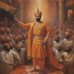 An epic painting of Chhatrapati Shivaji Maharaj, the celebrated Maratha king, celebrating his birthday amidst festivities and elaborate court ceremonies