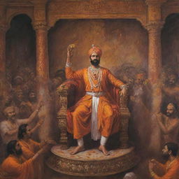 An epic painting of Chhatrapati Shivaji Maharaj, the celebrated Maratha king, celebrating his birthday amidst festivities and elaborate court ceremonies