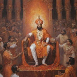 An epic painting of Chhatrapati Shivaji Maharaj, the celebrated Maratha king, celebrating his birthday amidst festivities and elaborate court ceremonies