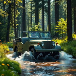 A vintage Schwimmwagen driving through a lush, green forest