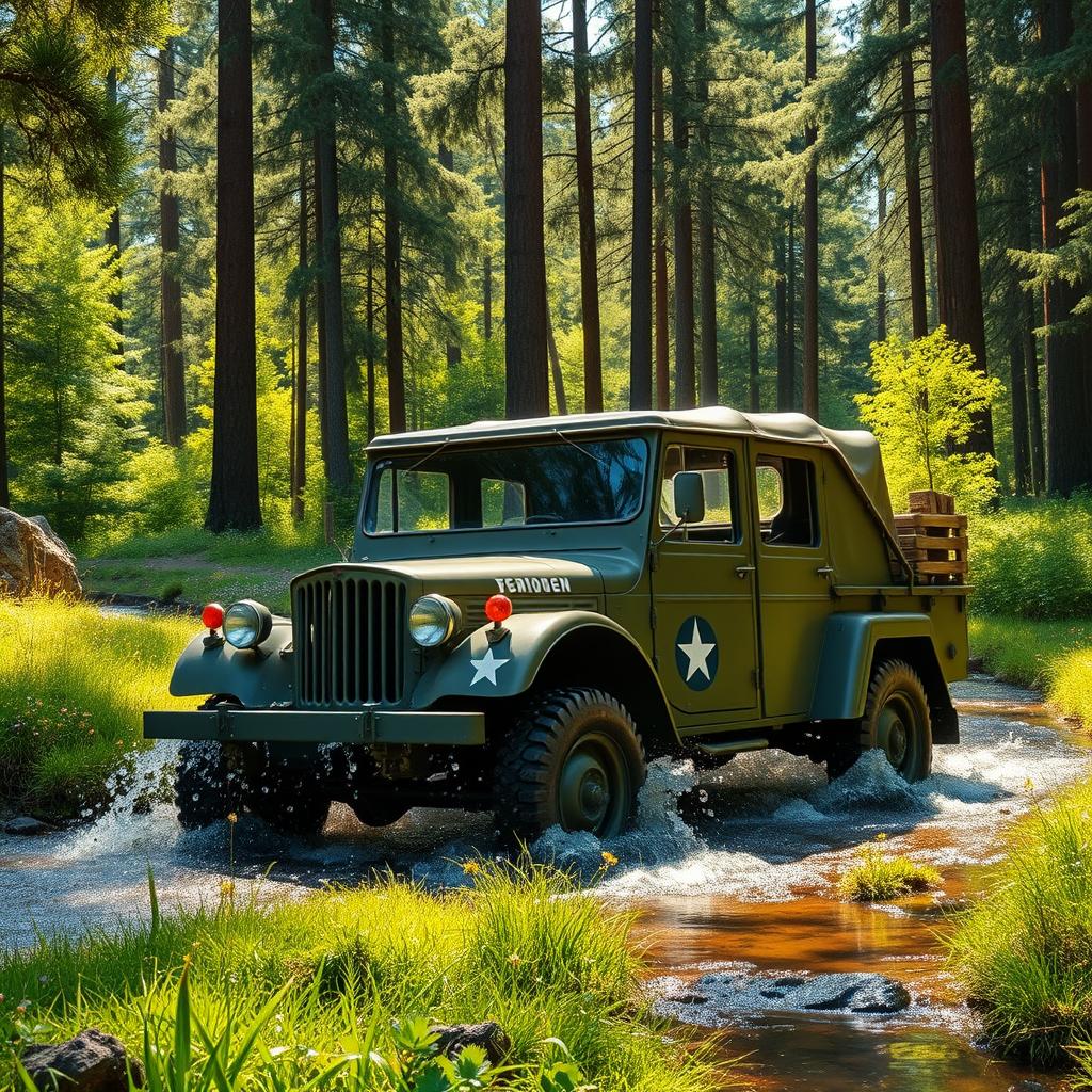 A vintage Schwimmwagen driving through a lush, green forest