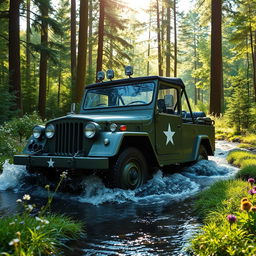 A vintage Schwimmwagen driving through a lush, green forest