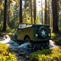 A vintage Schwimmwagen driving through a lush, green forest