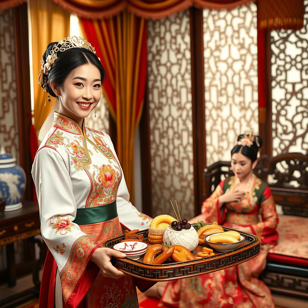 A beautiful Chinese maid in traditional attire gracefully carrying a tray of ornate food to a concubine in an elegantly decorated ancient Chinese bedroom