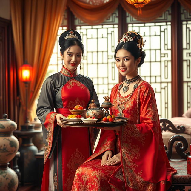 A beautiful Chinese maid in traditional attire gracefully carrying a tray of ornate food to a concubine in an elegantly decorated ancient Chinese bedroom