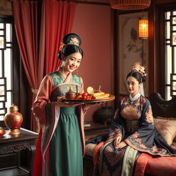 A beautiful Chinese maid in traditional attire gracefully carrying a tray of ornate food to a concubine in an elegantly decorated ancient Chinese bedroom