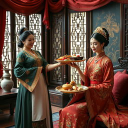 A beautiful Chinese maid in traditional attire gracefully carrying a tray of ornate food to a concubine in an elegantly decorated ancient Chinese bedroom