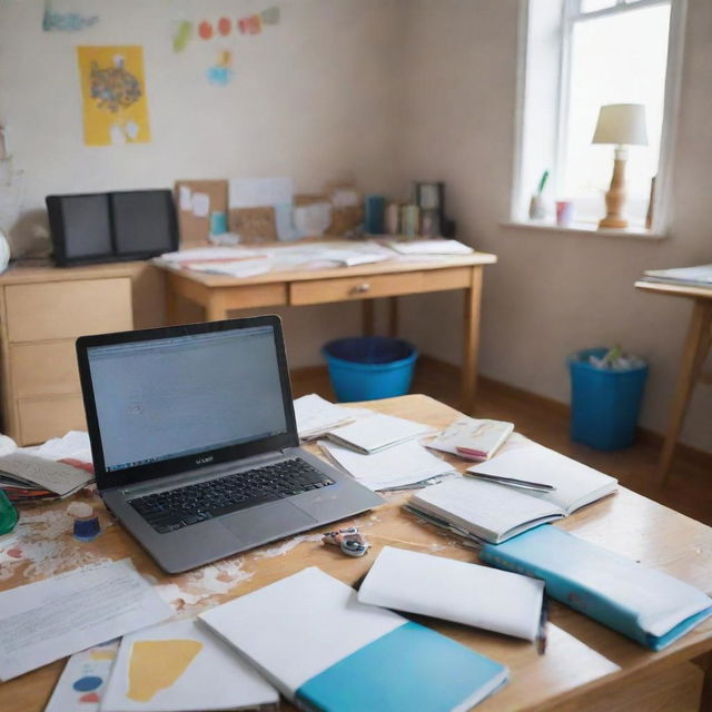 A messy children's room, with a laptop and a school book cluttering the table.