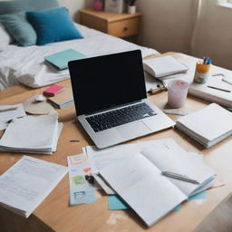 A messy children's room, with a laptop and a school book cluttering the table.