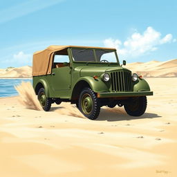 A detailed illustration of a WWII Schwimmwagen, an amphibious vehicle, depicted in a historical setting