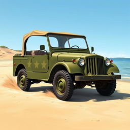 A detailed illustration of a WWII Schwimmwagen, an amphibious vehicle, depicted in a historical setting
