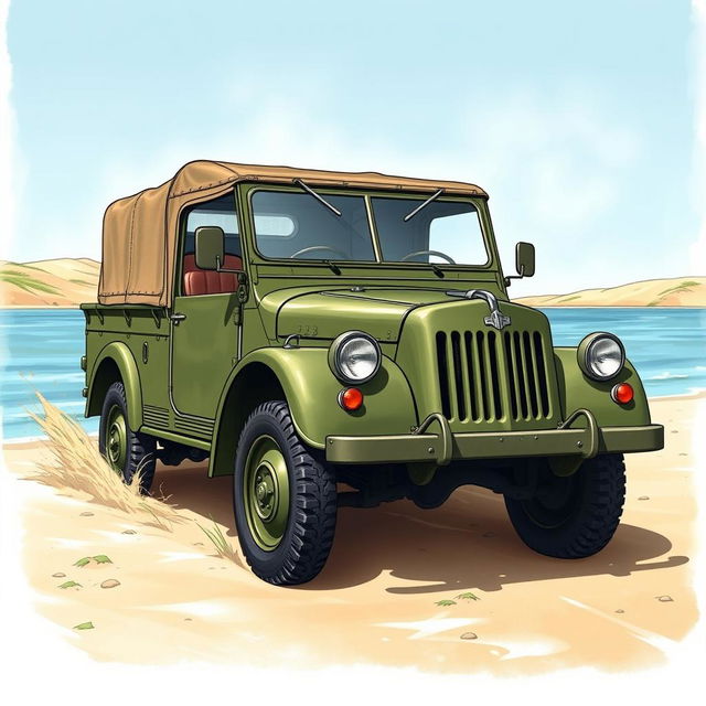 A detailed illustration of a WWII Schwimmwagen, an amphibious vehicle, depicted in a historical setting