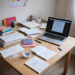 A messy children's room, with a laptop and a school book cluttering the table.