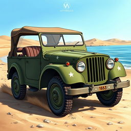 A detailed illustration of a WWII Schwimmwagen, an amphibious vehicle, depicted in a historical setting