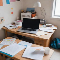 A messy children's room, with a laptop and a school book cluttering the table.