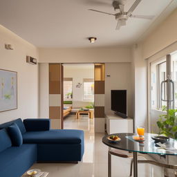 1500 sq feet 3bhk apartment with a small balcony, featuring a living room with L-shaped blue sofa, hanging swing, and a TV cabinet, alongside a modular kitchen equipped with a breakfast table, stove, multipurpose sink, chimney, several cabinets, drawers, and a service platform.