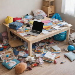 A messy children's room with scattered toys, books, and clothes, featuring a table in the center