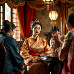 An elegant Chinese concubine dressed in beautiful, intricately embroidered silk robes, seated in a lavishly decorated chamber