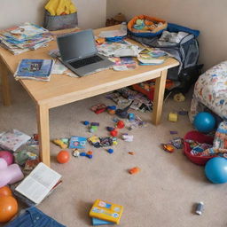 A messy children's room with scattered toys, books, and clothes, featuring a table in the center