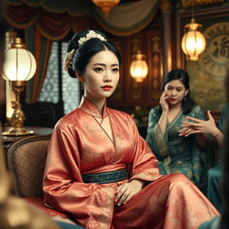 An elegant Chinese concubine dressed in beautiful, intricately embroidered silk robes, seated in a lavishly decorated chamber