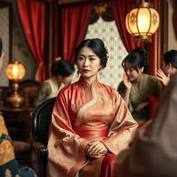An elegant Chinese concubine dressed in beautiful, intricately embroidered silk robes, seated in a lavishly decorated chamber