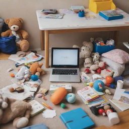 A messy children's room with scattered toys, books, and clothes, featuring a table in the center