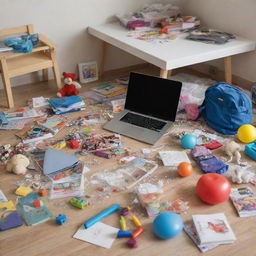 A messy children's room with scattered toys, books, and clothes, featuring a table in the center